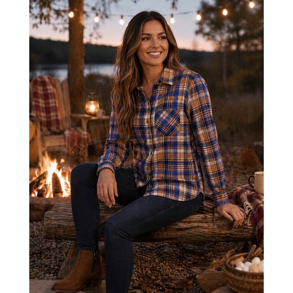 I Love H81 Los Angeles Button Front Shirt Womens Small Orange Blue Plaid Gators‎